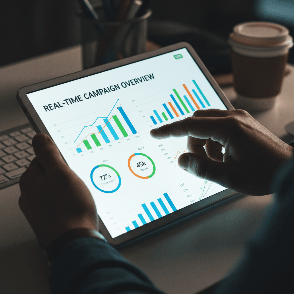 Hand scrolling through a digital analytics dashboard on a tablet, showing campaign performance metrics and graphs.