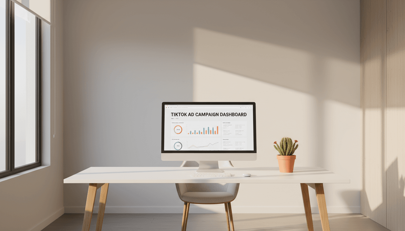 Modern office desk with a monitor displaying a TikTok ad dashboard, plant, and soft natural light.