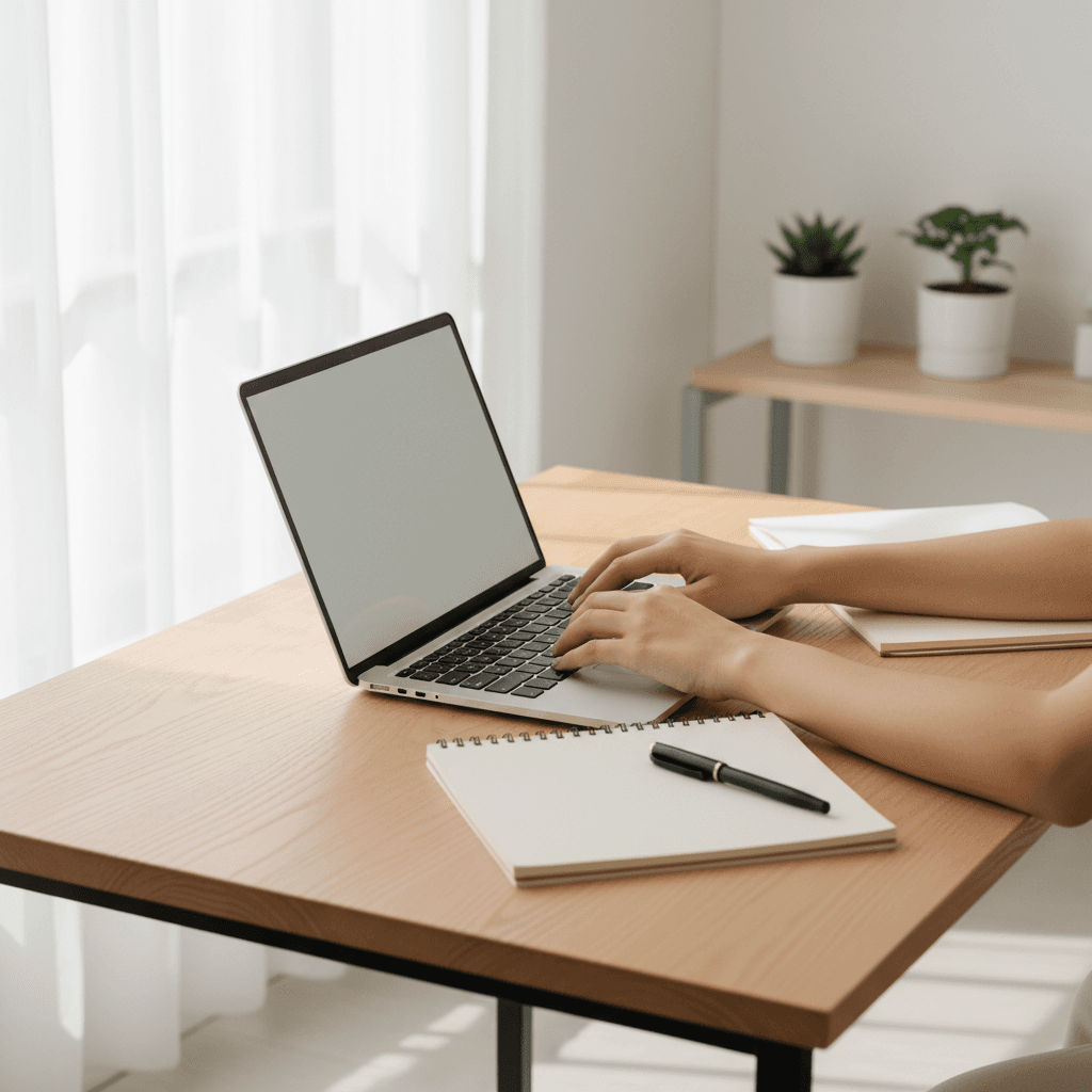 Hands typing on a laptop at a desk