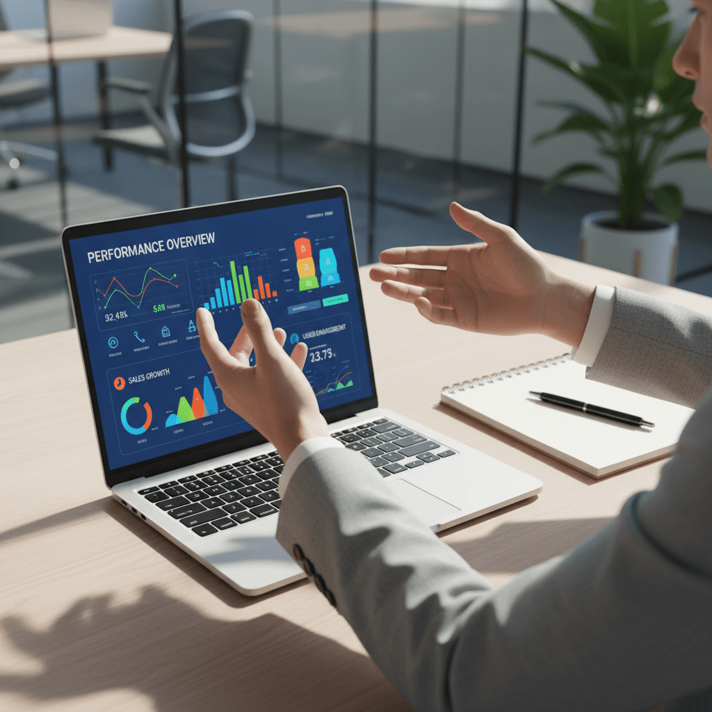 Data analytics dashboard on a laptop screen with colorful graphs