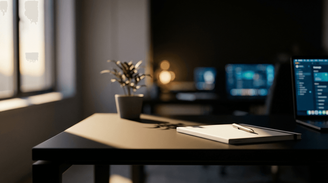 Minimalist desk setup with smartphone showing TikTok ads and monitor displaying Google Ads campaigns, moody lighting